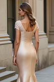 Mermaid Maxi Champagne Satin Mother of the Bride Dress with Lace