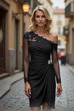 Black Satin One Shoulder Ruched Short Mother of the Bride Dress with Sleeves