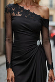 Black Satin One Shoulder Ruched Short Mother of the Bride Dress with Sleeves