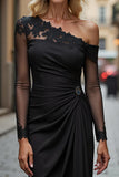 Black Satin One Shoulder Ruched Short Mother of the Bride Dress with Sleeves