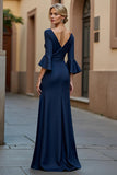Navy Ruched Satin V-Neck Long Mother of the Bride Dress with Ruffles