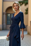 Navy Ruched Satin V-Neck Long Mother of the Bride Dress with Ruffles