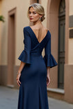 Navy Ruched Satin V-Neck Long Mother of the Bride Dress with Ruffles