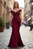 Sparkly Burgundy Satin Mermaid Maxi Mother of the Bride Dress with Beading