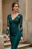Pine Mermaid Satin V-Neck Maxi Mother of the Bride Dress with Appliques