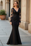 Maxi Black V-Neck Ruffled Mermaid Mother of the Bride Dress with Lace