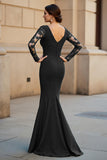Maxi Black V-Neck Ruffled Mermaid Mother of the Bride Dress with Lace