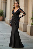 Maxi Black V-Neck Ruffled Mermaid Mother of the Bride Dress with Lace
