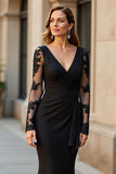 Maxi Black V-Neck Ruffled Mermaid Mother of the Bride Dress with Lace