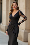 Maxi Black V-Neck Ruffled Mermaid Mother of the Bride Dress with Lace