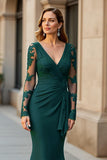 Maxi Black V-Neck Ruffled Mermaid Mother of the Bride Dress with Lace