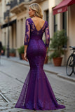 Maxi Plum Lace Mermaid V-Neck Mother of the Bride Dress with Sleeves