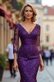 Maxi Plum Lace Mermaid V-Neck Mother of the Bride Dress with Sleeves