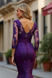 Maxi Plum Lace Mermaid V-Neck Mother of the Bride Dress with Sleeves