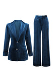 2 Piece Velvet Peacock Blue Notched Lapel Women Prom Suits