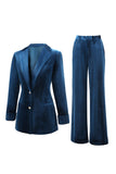 2 Piece Velvet Peacock Blue Notched Lapel Women Prom Suits