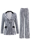 Sparkly Sequin Silver 2 Piece Peak Lapel Women Prom Suits