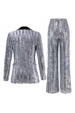 Sparkly Sequin Silver 2 Piece Peak Lapel Women Prom Suits