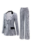 Sparkly Sequin Silver 2 Piece Peak Lapel Women Prom Suits