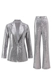Sparkly Silver 2 Piece Notched Lapel Sequin Women Prom Suits