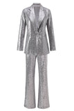 Sparkly Silver 2 Piece Notched Lapel Sequin Women Prom Suits