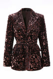 Sparkly Coffee Peak Lapel 2 Piece Sequin Women Prom Suits with Sash