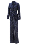 Sparkly Navy 2 Piece Double Breasted Sequin Women Prom Suits
