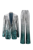 Sparkly Silver and Peacock Sequin 2 Piece Women Prom Suits