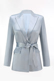 Dusty Blue 2 Piece Satin Women Prom Suits with Sash