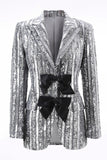 Sparkly Sequin Silver Grey Peak Lapel Women Prom Blazer with Bow
