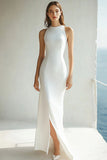 Mermaid Maxi Ivory Round Neck Rehearsal Dinner Dress with Slit