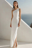 Maxi Ivory One Shoulder Sheath Rehearsal Dinner Dress with Slit