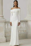 Mermaid Ivory Off the Shoulder Maxi Rehearsal Dinner Dress with Sleeves