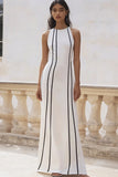 White and Black Striped Sheath Sleeveless Maxi Rehearsal Dinner Dress