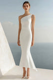 Simple Mermaid One Shoulder Ivory Maxi Rehearsal Dinner Dress