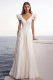 A Line Ivory Lace V-Neck Maxi Rehearsal Dinner Dress with Ruffles