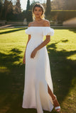 A Line Ivory Puff Sleeves Maxi Satin Rehearsal Dinner Dress with Slit