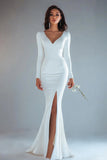 Ivory Mermaid Satin Long Sleeves Rehearsal Dinner Dress with Slit