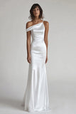 Ivory One Shoulder Mermaid Maxi Simple Satin Rehearsal Dinner Dress