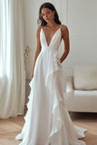 Ivory Chiffon A Line V-Neck Maxi Rehearsal Dinner Dress with Ruffles