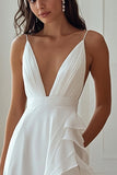 Ivory Chiffon A Line V-Neck Maxi Rehearsal Dinner Dress with Ruffles