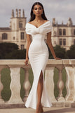 Mermaid Ivory Off the Shoulder Maxi Rehearsal Dinner Dress with Slit