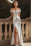 Sparkly Silver Sequins Mermaid Maxi Engagement Dress with Slit