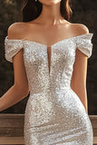Sparkly Silver Sequins Mermaid Maxi Engagement Dress with Slit