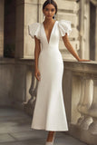 Maxi Ivory V-Neck Mermaid Satin Wedding Reception Dress with Sleeves