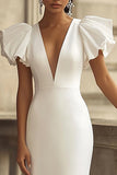 Maxi Ivory V-Neck Mermaid Satin Wedding Reception Dress with Sleeves