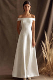 Elegant Ivory Satin Off the Shoulder Maxi Rehearsal Dinner Dress