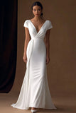 Ivory V-Neck Mermaid Maxi Rehearsal Dinner Dress with Sleeves