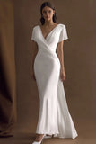 Ivory Mermaid V-Neck Ruched Maxi Rehearsal Dinner Dress with Sleeves