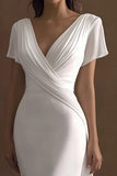Ivory Mermaid V-Neck Ruched Maxi Rehearsal Dinner Dress with Sleeves
